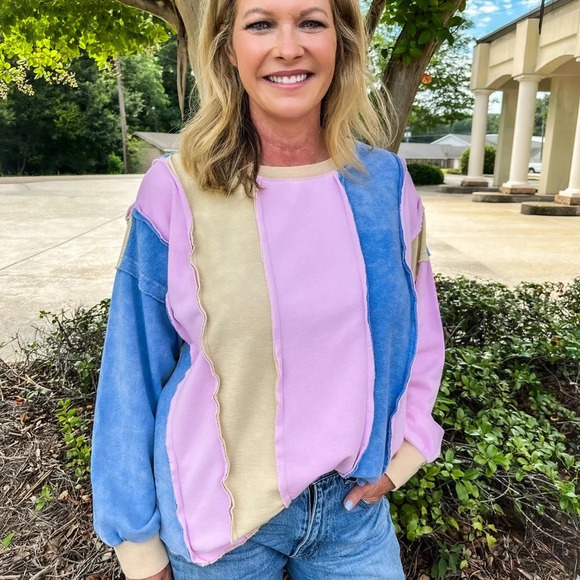 Blue Velvet MINERAL WASH FRENCH TERRY MULTI COLOR SWEATSHIRT with Pockets - Picture 1 of 5